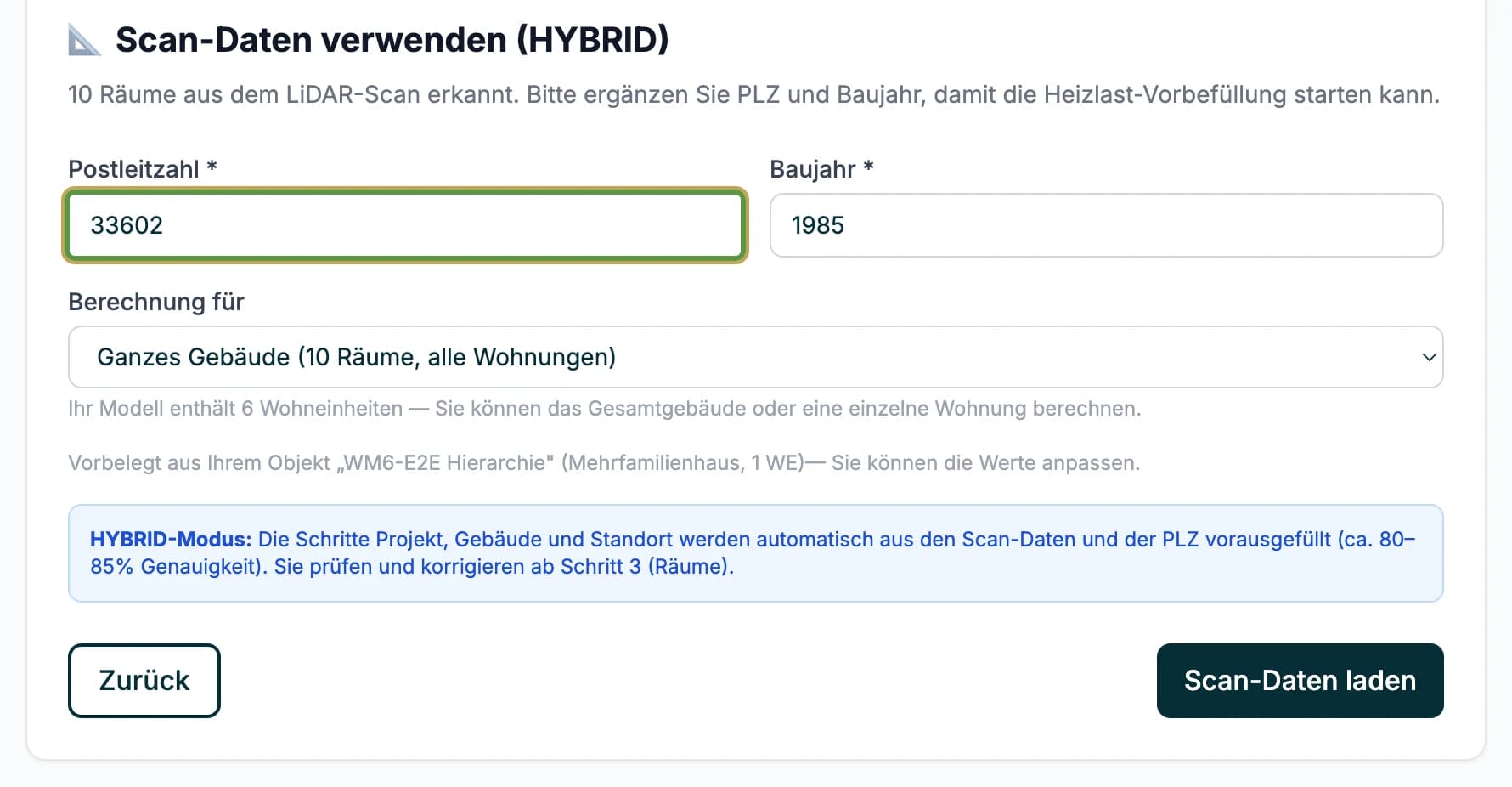 Heizlast-Assistent mit Scan-Daten-Übernahme, Wohnungs-Auswahl und Vorbelegung
