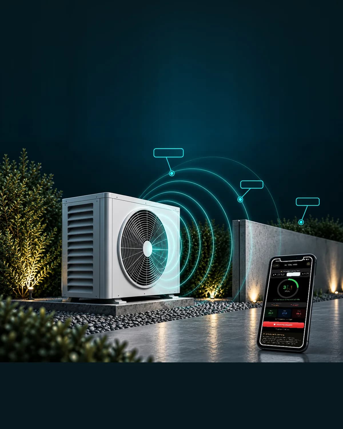 Ein iPhone auf einer Terrasse zeigt eine laufende Schallmessung mit 37,1 dB(A) und dem Hinweis, dass der Nachtgrenzwert von 40 dB eingehalten ist; dahinter steht eine Wärmepumpe.